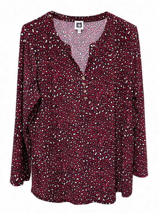Anne Klein Tops - Anne Klein Burgundy Leopard-Print Long Sleeve Henley